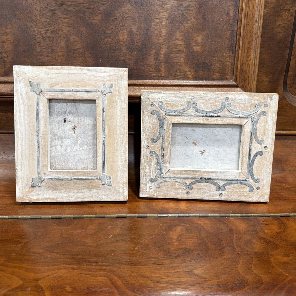 Antique Looking White Washed Hanging Wooden And Metal Frames Possibly Handmade